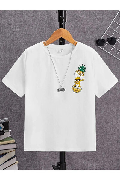 Daxia Tricou unisex cu decolteu alb cu imprimeu cu ananas