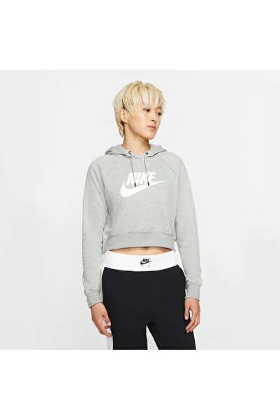 Nike Sportswear Essential Gri Kapüşonlu Crop Sweatshirt, Kadın Gri Crop Sweat...