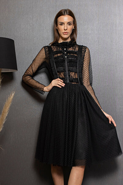 aylin yılmaz Stralend Siyah Puantiyeli Tülden Şık Balo Davet Mezuniyet Elbisesi