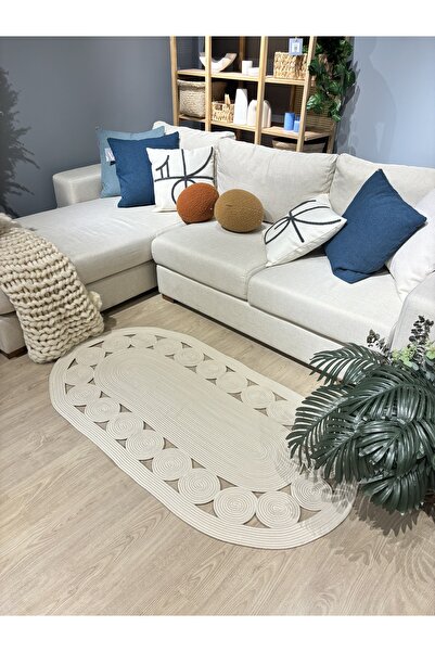 MaVaux Krem Jüt Hasırlı El Örgüsü Kilim