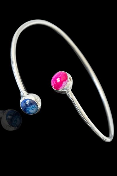 Tesbih Atölyesi Certified Silver Color Handcuff Model Bracelet - (Pink Agate - Blue Agate Stone)