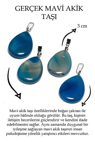 Tesbih Atölyesi Certified Drop Model Blue Agate Stone Necklace (WITH SILVER DEVICE)