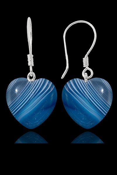 Tesbih Atölyesi Certified Heart Cut Veined Blue Agate Stone Natural Stone Earrings