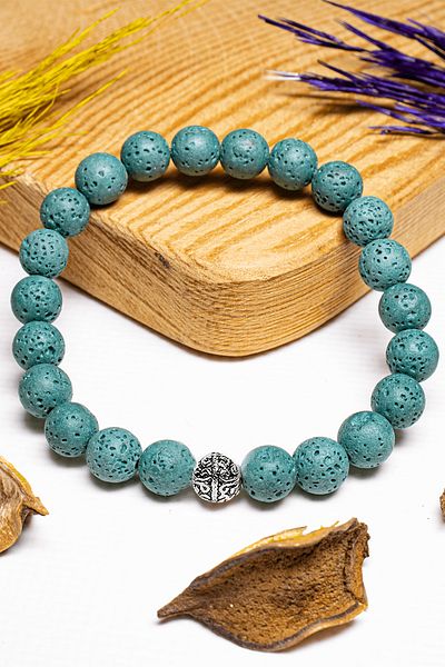 Tesbih Atölyesi Certified Volcanic Turquoise Lava Stone Bracelet - With Silver Device