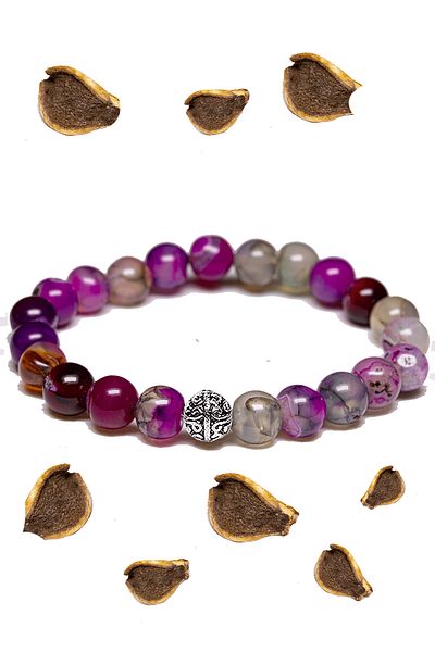 Tesbih Atölyesi Certified Aaa+ Pink - White Agate Stone Bracelet - With Silver Device