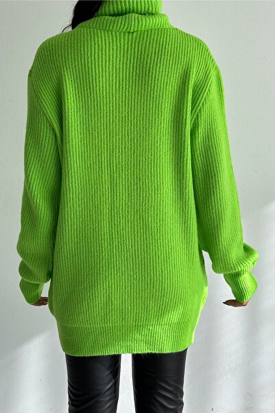 FEMELLE Women's Pistachio Green Standard Size Turtleneck Fisherman Basic Loose Knitwear Tunic Sweater