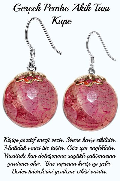 Tesbih Atölyesi Certified Veined Pink Agate Stone Natural Stone Earrings