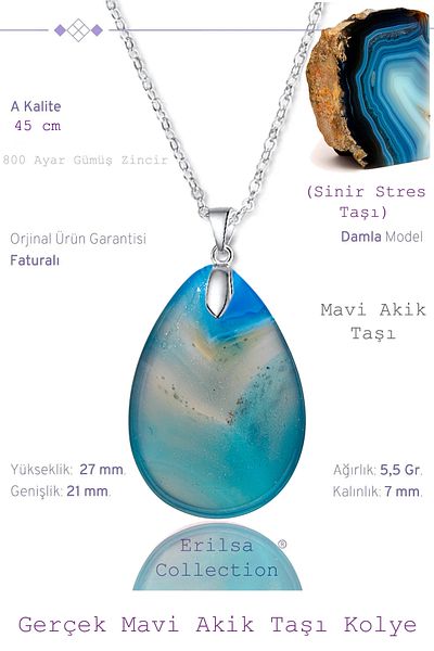 Tesbih Atölyesi Certified Drop Model Blue Agate Stone Necklace (WITH SILVER DEVICE)