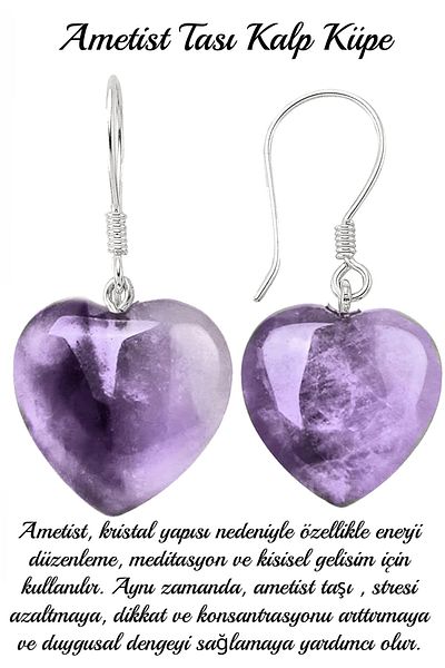 Tesbih Atölyesi Certified Heart Model Real Amethyst Stone Natural Stone Earrings