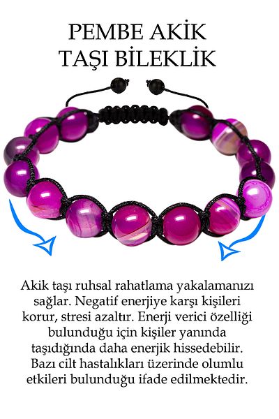 Tesbih Atölyesi Certified Bright Pink Agate Stone Bracelet - Macrame