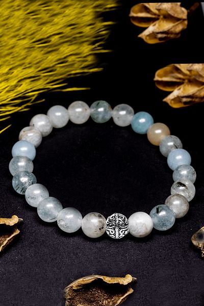 Tesbih Atölyesi Certified Aaa+ Quality Light Blue Agate Stone Bracelet - With Silver Device