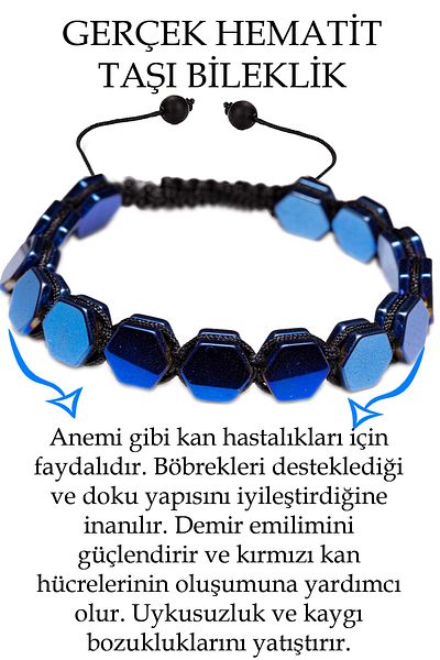 Tesbih Atölyesi Certified Hexagonal Blue Hematite Stone Bracelet - Macrame