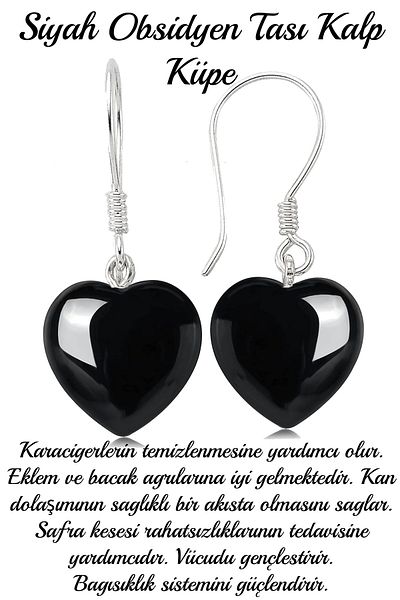 Tesbih Atölyesi Certified Heart Cut Black Obsidian Stone Natural Stone Earrings