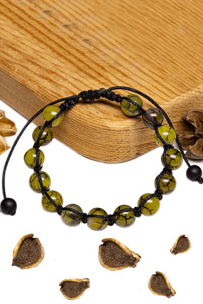 Tesbih Atölyesi Certified Dragon Veined Green Agate Stone Bracelet