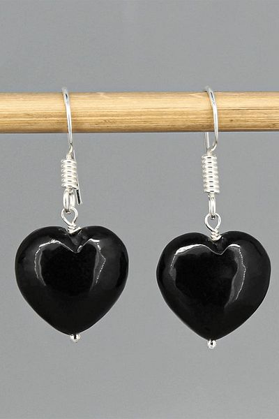 Tesbih Atölyesi Certified Heart Cut Black Obsidian Stone Natural Stone Earrings