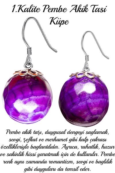 Tesbih Atölyesi Certified Purple Agate Stone Natural Stone Earrings