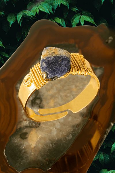 Tesbih Atölyesi Certified Thick Tımbil Gold Model Azurite Stone Ring - Adjustable