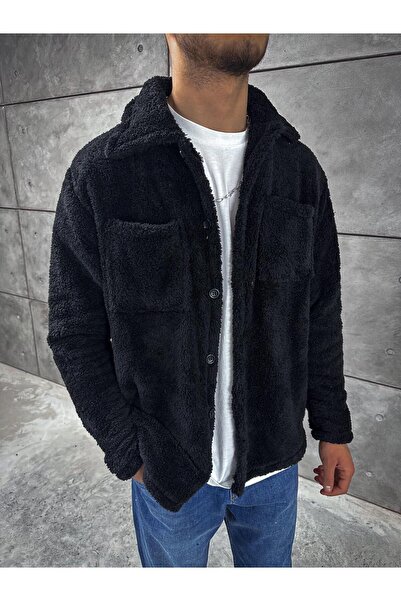 Baycombine35 Unisex Siyah Düğme Cep Detaylı Peluş Ceket