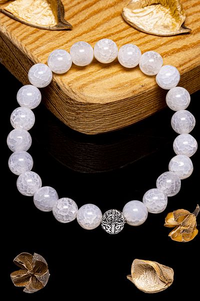 Tesbih Atölyesi Aaa+ Certified White Veined Agate Stone Bracelet - Silver Apparatus