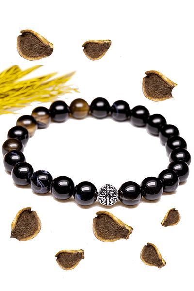 Tesbih Atölyesi Certified Aaa+ Black Agate Stone Bracelet - With Silver Device