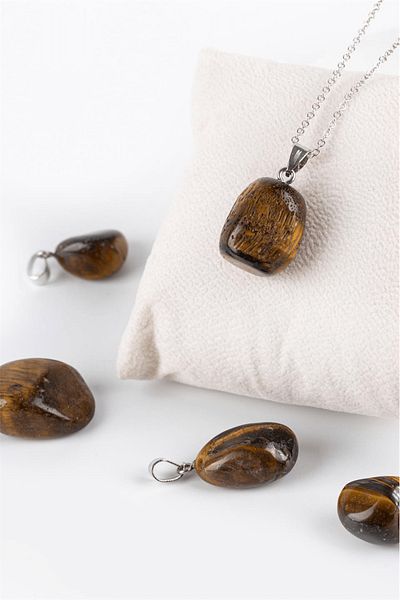 Tesbih Atölyesi Certified Timbil Model Tiger Eye Stone Necklace (WITH SILVER DEVICE)