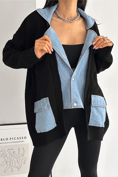 FEMELLE Cardigan de damă, negru, mărime standard, cu buton rapid, cu buzunar dublu, denim, denim, design detaliat, tricotaj supradimensionat