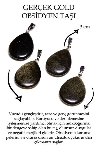 Tesbih Atölyesi Certified Drop Model Gold Obsidian Stone Necklace (WITH SILVER DEVICE)
