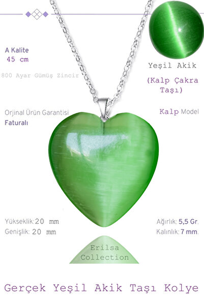 Tesbih Atölyesi Sertifikalı Kalp Model Yeşil Akik Taşı Kolye (Gümüş Aparatlı)