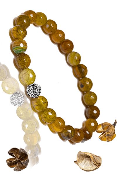Tesbih Atölyesi Certified Faceted Aaa+ Dragon Green Yellow Agate Stone Bracelet - With Silver Device