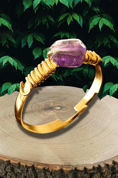 Tesbih Atölyesi Certified Broken Stone Gold Model Amethyst Stone Ring - Adjustable