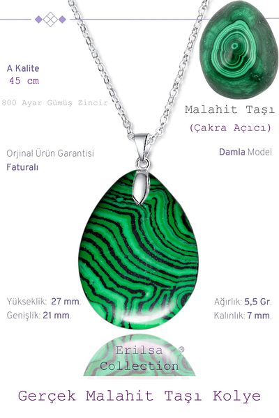 Tesbih Atölyesi Certified Drop Model Malachite Stone Necklace (WITH SILVER DEVICE)