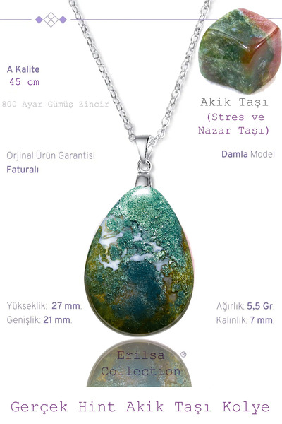 Tesbih Atölyesi Sertifikalı Damla Model Yosunlu Hint Akik Taşı Kolye (GÜMÜŞ APARATLI)