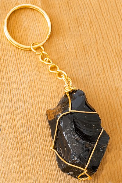 Tesbih Atölyesi Certified Gold Black Obsidian Stone Keychain - Wire Wrapped