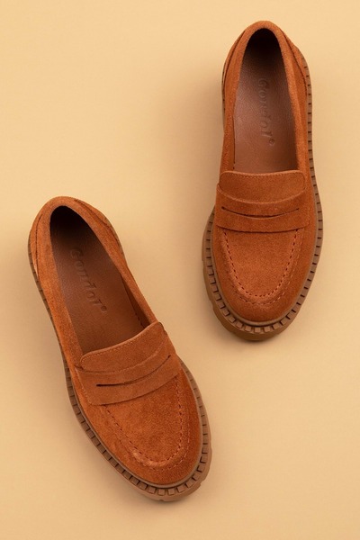 Gondol Hakiki Deri Kalın Taban Platform Topuklu Ayakkabı vtg.23802 - Taba Süet - 40