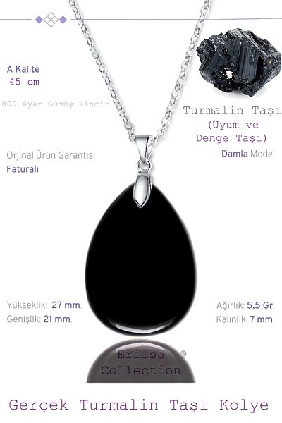 Tesbih Atölyesi Certified Drop Model Black Tourmaline Stone Necklace (WITH SILVER DEVICE)
