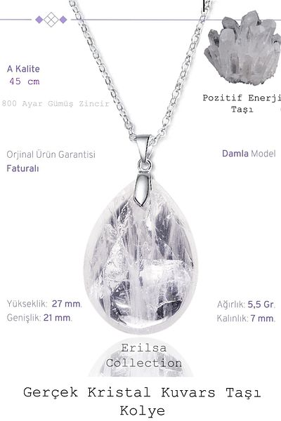 Tesbih Atölyesi Certified Drop Model Crystal Quartz Stone Necklace (WITH SILVER DEVICE)