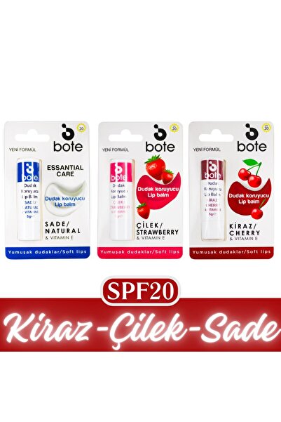 Bote Dudak Bakım Kremi Kiraz 5gr + Çilek 5gr + Sade (Renksiz) 5gr - SPF20 Nem...