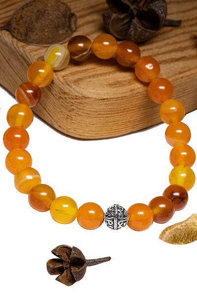 Tesbih Atölyesi AAA Certified - Orange Agate Stone Bracelet, Silver Apparatus