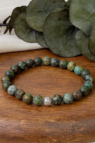 Tesbih Atölyesi Certified Raw Real African Turquoise Stone Bracelet - With Silver Device