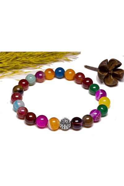 Tesbih Atölyesi Certified Aaa+ Colored Agate Stone Bracelet - With Silver Device