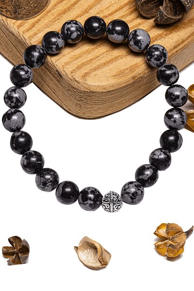 Tesbih Atölyesi Certified Snowy Obsidian Stone Bracelet - With Silver Device