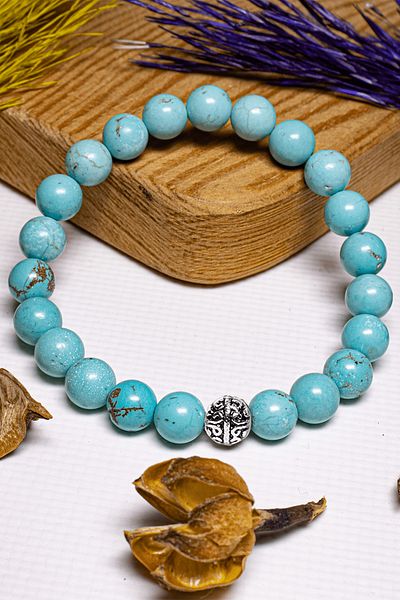 Tesbih Atölyesi Certified Unpainted Genuine Turquoise Stone Bracelet - With Silver Device