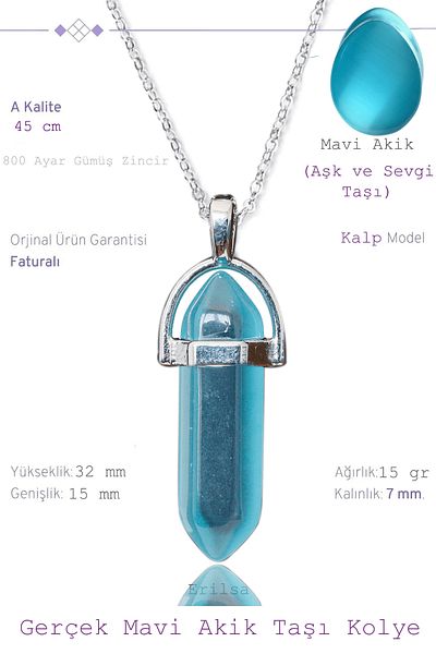Tesbih Atölyesi Certified Nail Model Light Blue Agate Stone Necklace (1st Quality)