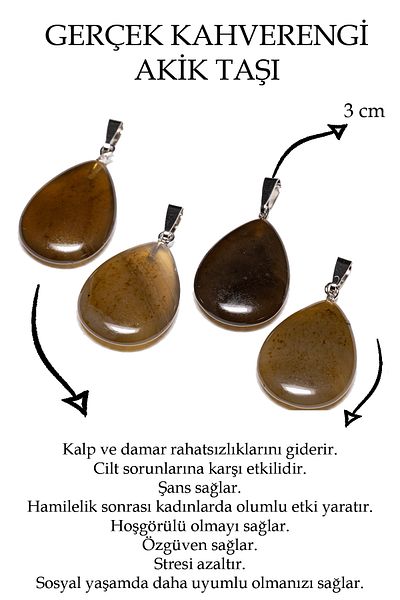 Tesbih Atölyesi Certified Drop Model Brown Agate Stone Necklace (WITH SILVER DEVICE)