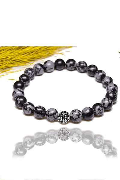 Tesbih Atölyesi Certified Snowy Obsidian Stone Bracelet - With Silver Device