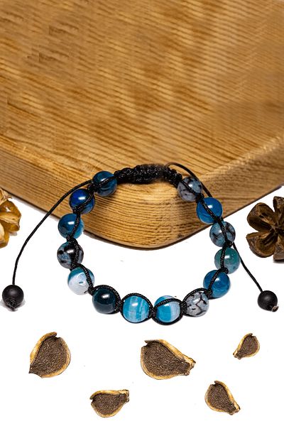 Tesbih Atölyesi Certified 1st Quality Blue Agate Stone Bracelet - Macrame