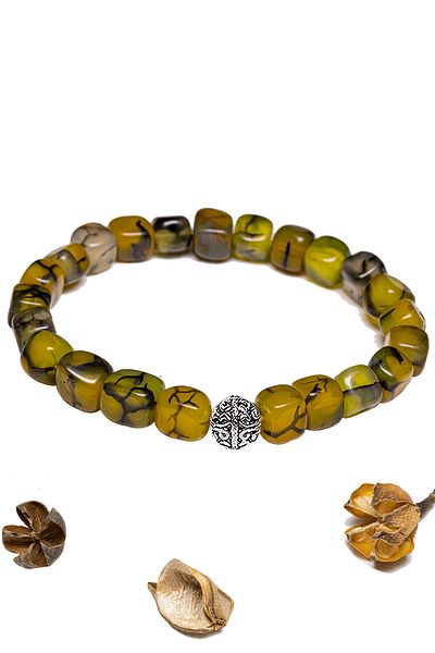 Tesbih Atölyesi Certified Cube Cut Veined Dragon Green Agate Stone Bracelet - With Silver Device