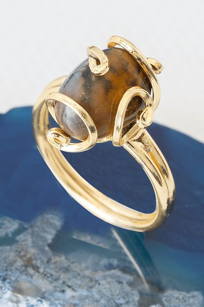 Tesbih Atölyesi Certified Gold Rococo Model Pietersite Stone Ring - Adjustable