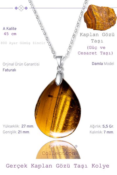 Tesbih Atölyesi Certified Drop Model Tiger Eye Stone Necklace (With Silver Device)