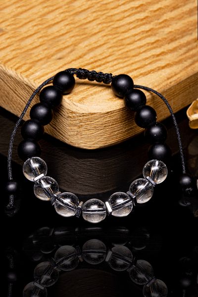 Tesbih Atölyesi Certified Aa+ Crystal Quartz - Onyx - Hematite Stone Bracelet